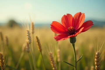 Vibrant red flower head among tall wheat stalks, agriculture, flora