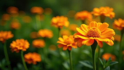Vibrant orange calendula blossoms in a lush garden bed, herbal, nature, plant