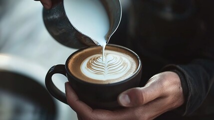 A barista pouring milk into a coffee cup, creating intricate latte art on top, showcasing the craftsmanship of cappuccino preparation with a white ceramic cup and an empty black mug beside it.