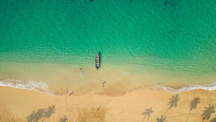 Aerial view of a boat in the waters of Principe Island at Sao Tome e Principe.