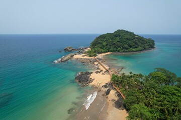 Aerial view of Bom Bom beach with the walkway connecting the beach at Bom Bom Islet