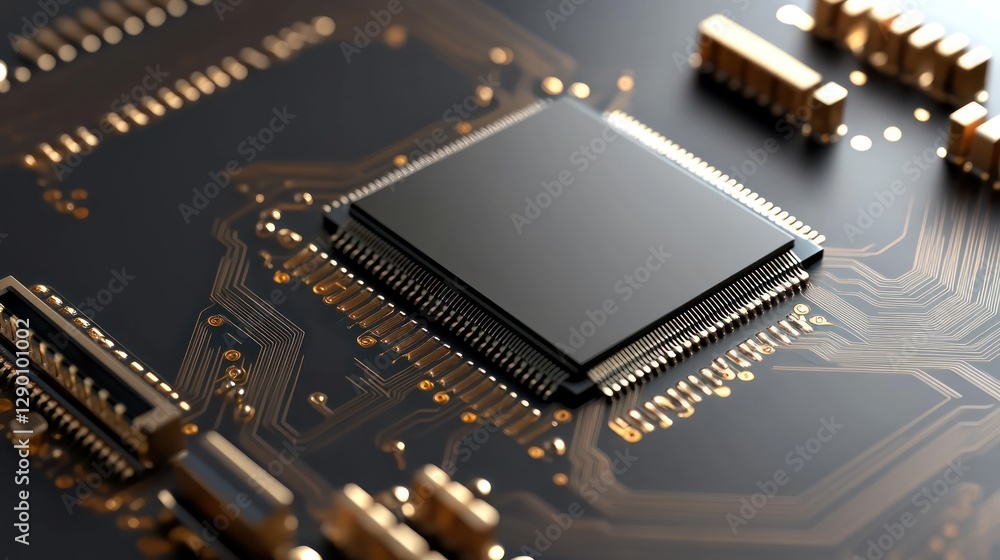 Poster close-up of a microchip on a circuit board with connections
