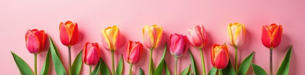Naklejka premium Vibrant tulips against a soft pink backdrop with geometric shapes , flowers, bloom, springtime