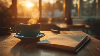Cozy Scene of a Warm Cup of Coffee and an Open Book on a Wooden Table Creating a Relaxing Atmosphere