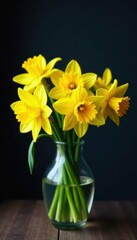 Vibrant yellow daffodils cluster in a glass vase, dark backdrop , outdoor, photography