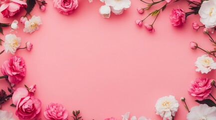 Pink background decorated with flowers for Mother's Day. Feminine flatley. Banner Romantic floral frame for Mother's Day. International Women's Day