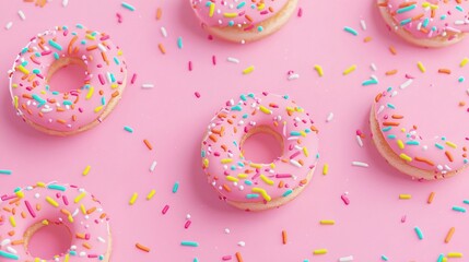 A pink background with frosted doughnuts topped with colorful sprinkles, perfect for children's birthday parties and celebrations. Sweet and vibrant decoration concept.
