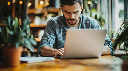 Fototapeta premium Young man working on laptop in cozy coffee shop setting cafe desk male table adult typing modern