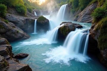 Obraz premium Steaming hot spring water cascades down rocky cliffs, creating a series of small waterfalls , cliff, nature, powerful