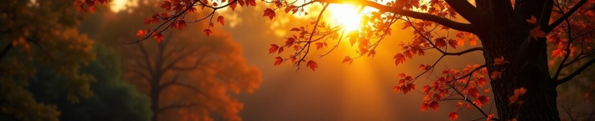 Fototapeta premium The last rays of autumn sun peek through bare branches, dappled, nature
