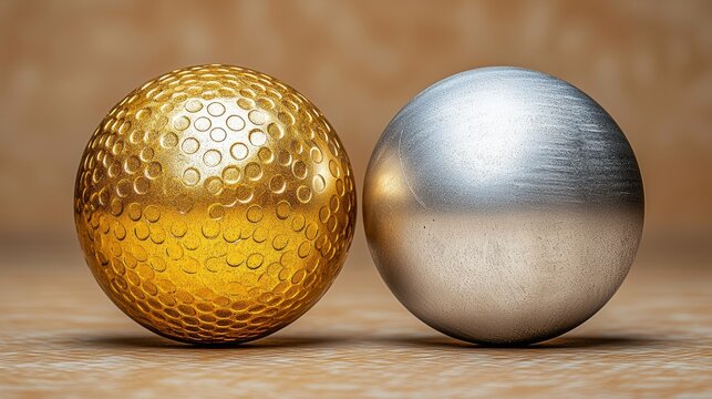 Two bowling balls, 11 in metallic gold and 15 in matte silver, positioned close on a textured floor, surrounded by subtle light patterns