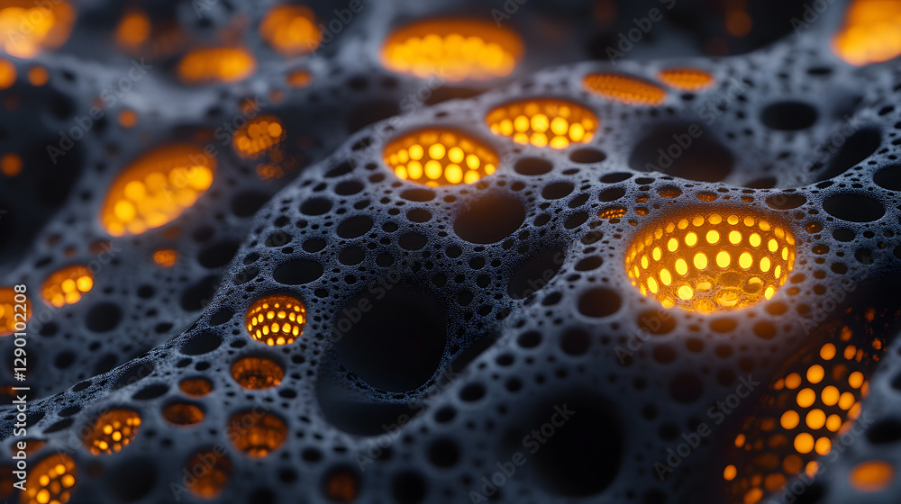 Poster close up image of multiple water bubbles on a surface with reflections and light refraction