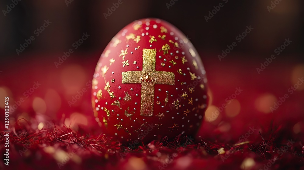 Poster red easter egg with golden cross on red background