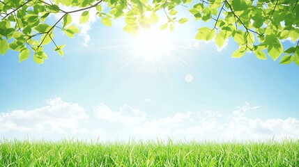 Obraz premium Bright Sunny Day over Green Grass Field with Lush Green Leaves
