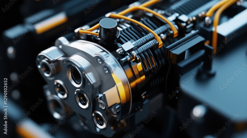 Poster close-up of a complex mechanical engine component with wiring