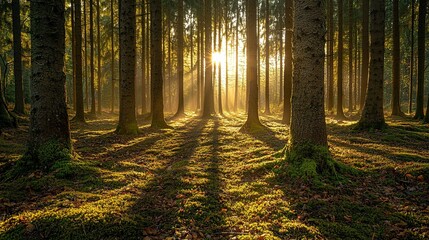 Obraz premium Sunlit Forest: Golden Rays & Mossy Ground