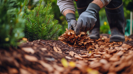 Gardener planting evergreen saplings in rich brown soil using pine bark mulch work farm trees hands