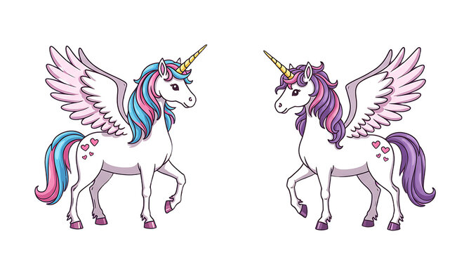 Cartoon Unicorns with Wings Standing on Pink Background Fantasy Illustration
