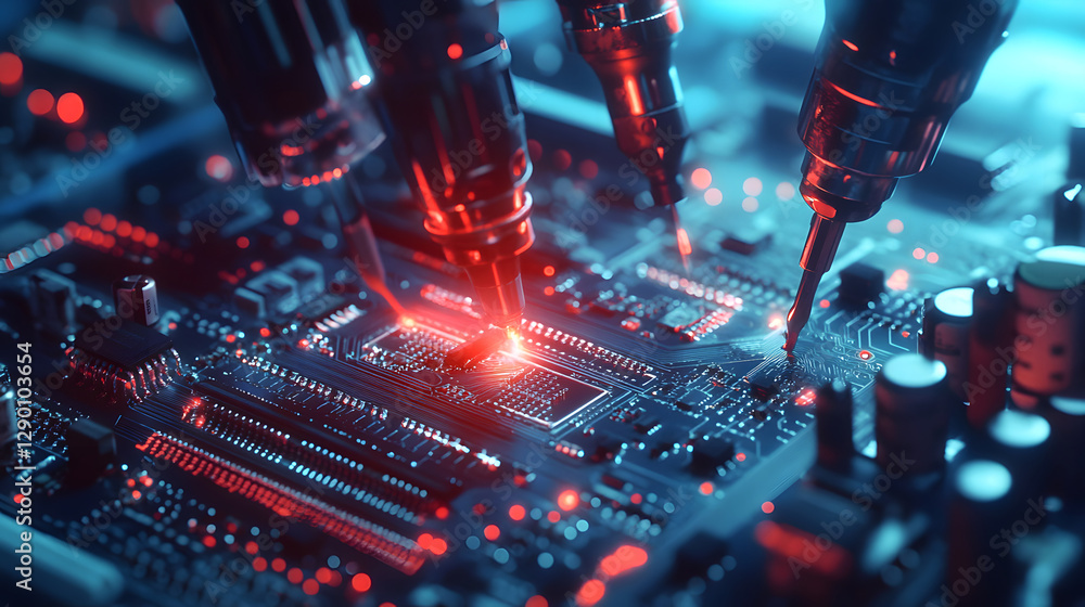 Aufkleber high-tech robotic arms precisely assemble a circuit board, illuminated in vibrant red and blue.