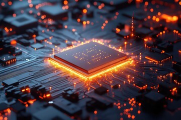 A 3D-rendered futuristic microchip emitting bright digital energy, representing the power of artificial intelligence.