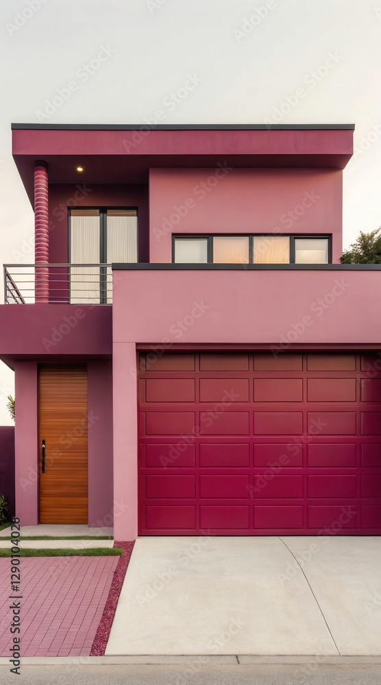 Poster modern architecture features a striking garage and unique color scheme in a vibrant residential area