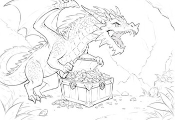 Naklejka premium Cartoon Dragon Opens a Treasure Chest Filled with Gems. A whimsical black and white illustration of a dragon opening a treasure chest overflowing with gems