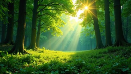 Sun-drenched summer forest panorama, vibrant green canopy, day, forest
