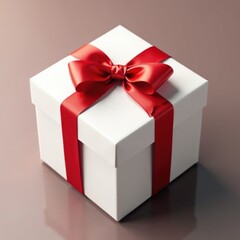 Obraz premium Square white gift box adorned with a classic red bow , surprise, background, object