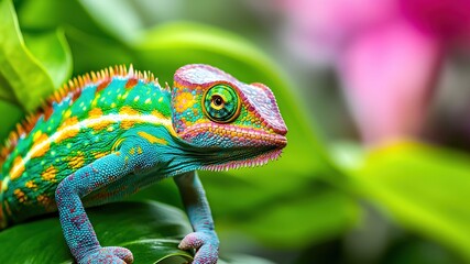 Obraz premium Vibrantly Colored Chameleon Posing on Green Leaves in Natural Habitat