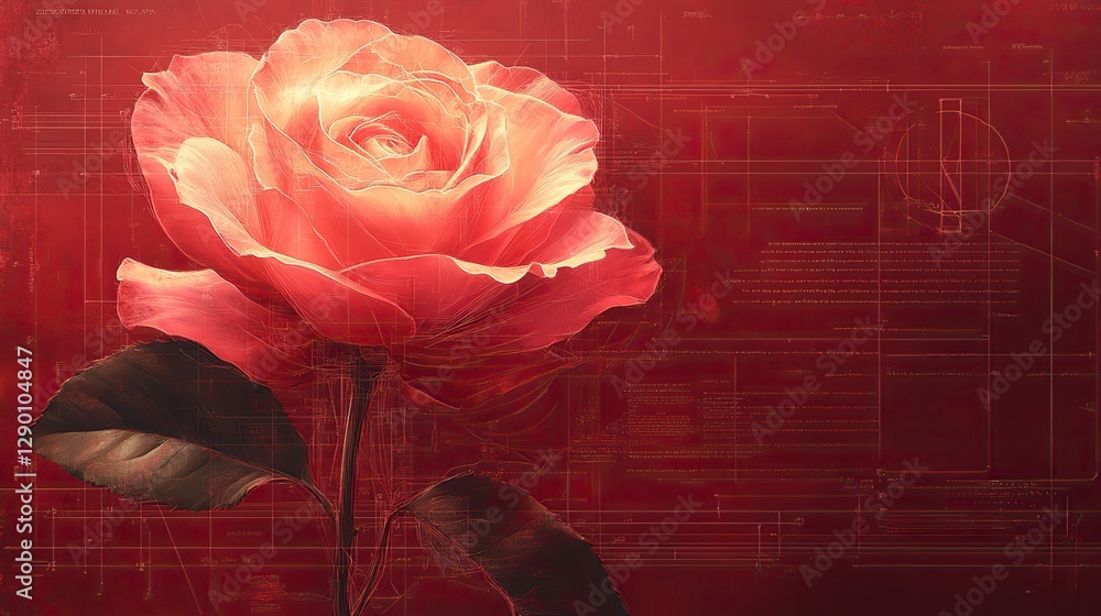 Aufkleber rose flower design on a red background with architectural blueprint elements symbolizing growth and innovation in technology engineering or architecture