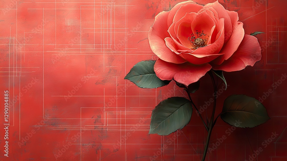 Aufkleber rose flower design on a red background with architectural blueprint elements symbolizing growth and innovation in technology engineering or architecture