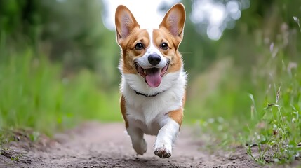 Happy Corgi Dog Running on a Natural Path in a Lush Landscape