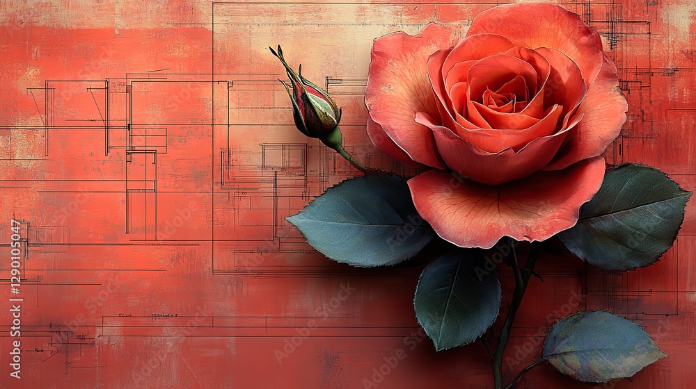 Aufkleber rose flower design on a red background with architectural blueprint elements symbolizing growth and innovation in technology engineering or architecture