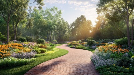Obraz premium Serene pathway winding through a vibrant garden bathed in warm sunlight.