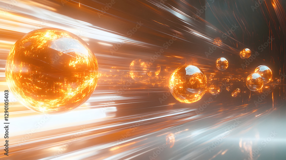 Poster a cluster of reflective metallic spheres arranged in an artistic display on a smooth surface