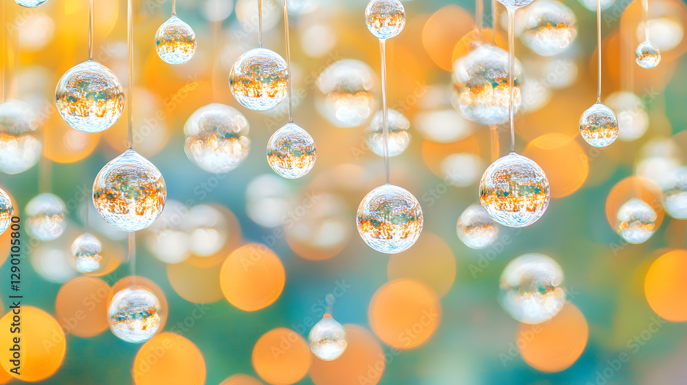 Poster bubbles of various sizes suspended from a thin string against a neutral background