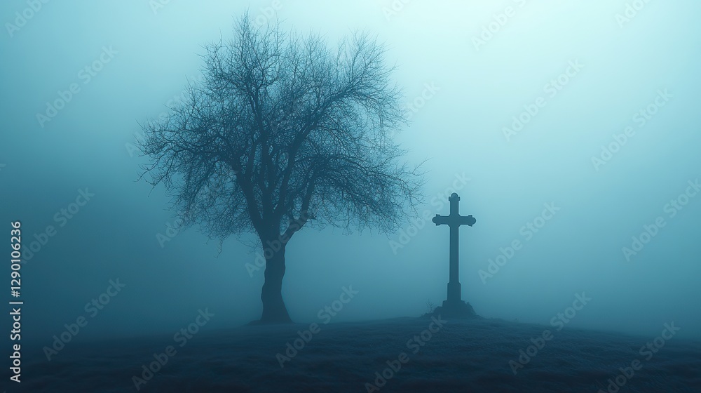 Poster sacred silence leafless tree beside a christian cross stark serene misty background abstract minimal