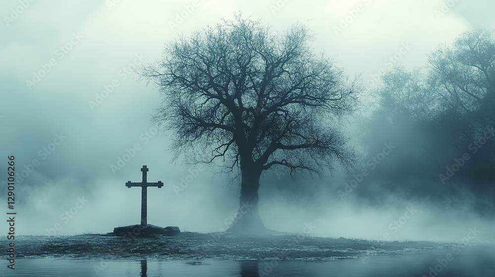 Poster sacred silence leafless tree beside a christian cross stark serene misty background abstract minimal