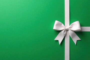 Simple white ribbon bow on a green Christmas card, minimalist design, holiday, ribbon