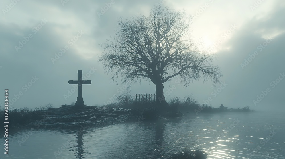 Poster sacred silence leafless tree with christian cross and gate or burial site stark ethereal foggy backg