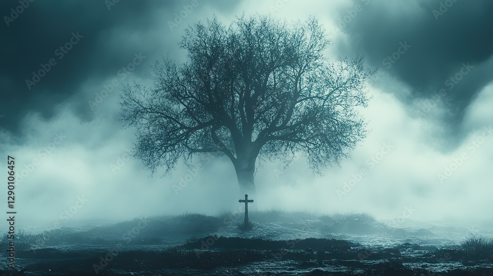 Poster sacred silence leafless tree with christian cross and gate or burial site stark ethereal foggy backg