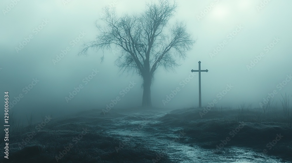 Aufkleber sacred silence leafless tree with christian cross stark ethereal foggy background abstract minimalis