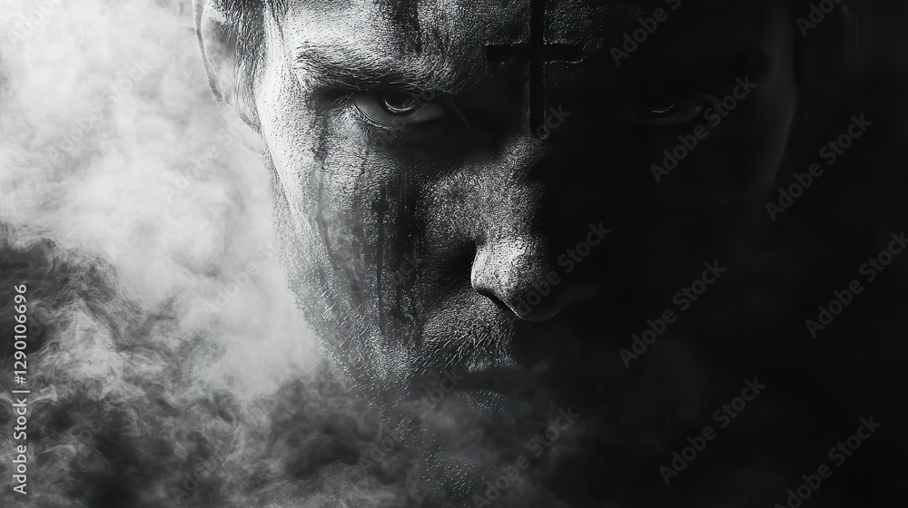 Poster sacred silence silhouette of a face with christian cross stark ethereal foggy background abstract mi