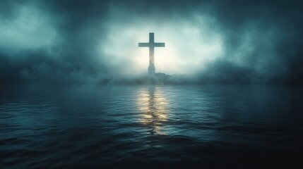 Naklejka premium sacred silence solitary cross framed on the sea stark ethereal foggy background abstract minimalist digital art illustration
