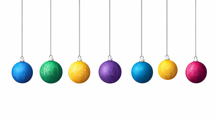 Colorful Glitter Christmas Ornaments Hanging on White Background