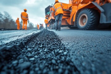 Asphalt road construction with workers and machinery. Shows the process of laying fresh asphalt, ideal for infrastructure projects.