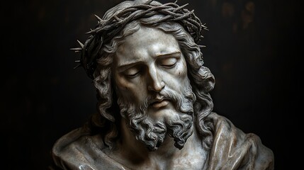 sculpture of jesus christ with a crown of thorns with copy space on black background