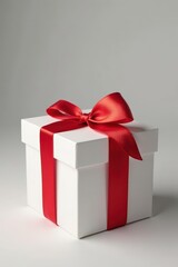 Obraz premium Elegant white gift box, tied with a vibrant red bow , bow, minimal