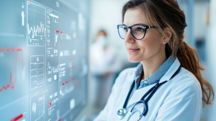 Medical professional analyzing data on a digital interface in a healthcare setting.