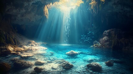 Obraz premium Submerged Pink Water Lilies and Goldfish in a Sunlit Pond